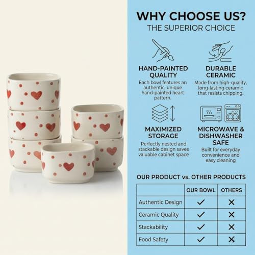 Image of Ceramic Dip Bowls with Heart Shape Design, White and Red, Set of 6, Microwave Safe, 40 ml