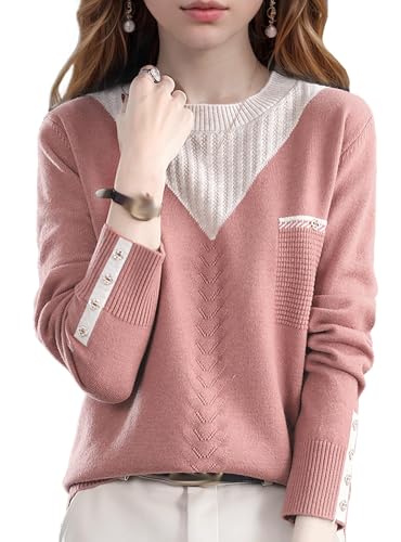 LAI MENG FIVE CATS Womens Knit Long Sleeve Crew Neck Color Layered Loose Novelty Fall Pullover Tops