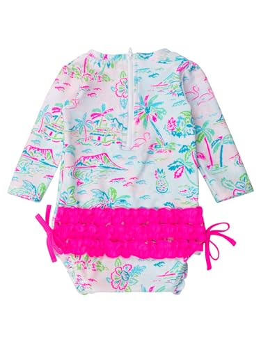 Image of RuffleButts Baby Girls UPF 50+ Sun Protection Floral Printed Long Sleeve One Piece Rash Guard Swimsuit with Zipper