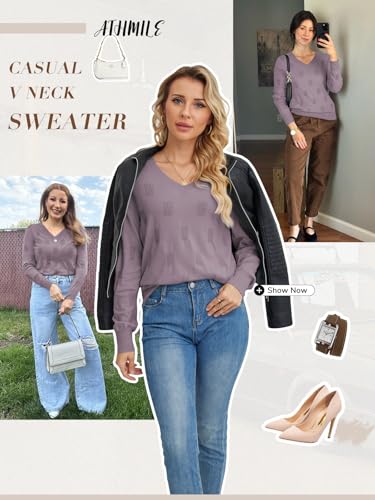 ATHMILE Women's Fall Tops 2025 Fashion Trendy Pullover Sweater V Neck Long Sleeve Shirt Knit Blouse Clothes Outfits3