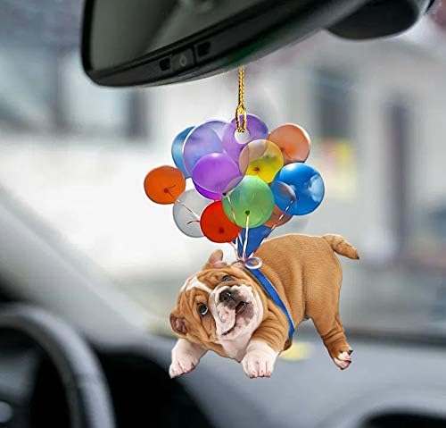 La Pomme,English Bulldog Fly with Bubbles - English Bulldog Lovers Dog Moms Gift - Dog Car Hanging Ornament with Colorful Balloon Cute 2D Mica Ornament