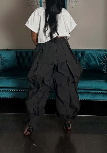 Image of Lucuna Women Balloon Pants Ruffle Fringe Drawstring High Waist Wide Leg Baggy Joggers Parachute Pants