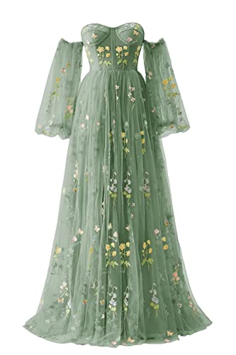 Maxianever Tulle Prom Dresses Flower Embroidery Long Sleeves Women's Formal Evening Party Gowns 2024