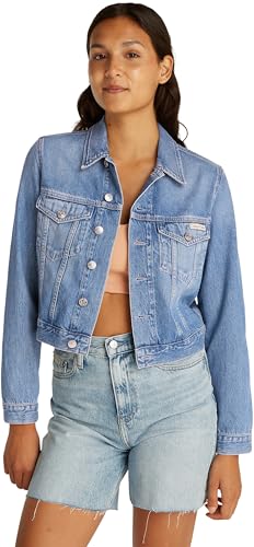 Calvin Klein Women’s 90s Cropped Denim Trucker Jacket with Chest Pockets, Blue (Denim Light), S