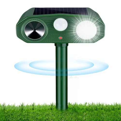 Ahuyentador de gatos por ultrasonidos, ahuyentador de animales solar IP54, resistente al agua, con sensor de movimiento y luz intermitente, 3 modos, ahuyentador de martas, perros y animales salvajes