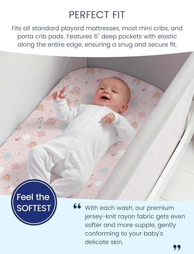 Image of TotAha Premium Soft Pack n Play Sheets, Super Stretchy Jersey Knit Mini Crib Sheets Fitted, Silky Comfort Pack and Play Mattress Sheets, 2 Pack (Rainbow)