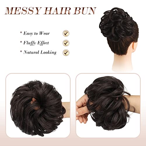 Feshfen Messy Bun Hair Piece Hair Bun Scrunchies Synthetic Medium Brown Wavy Curly Chignon Ponytail Hair Extensions Thick Updo Hairpieces For Women Girls 1Pcs #TOP2