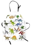 Lunarable Dinosaur Apron, Cartoon Dinosaur Images with Other Elements from Jurassic Fauna Cute Creatures, Unisex Kitchen Bib Apron with Adjustable Neck for Cooking Baking Gardening, Multicolor