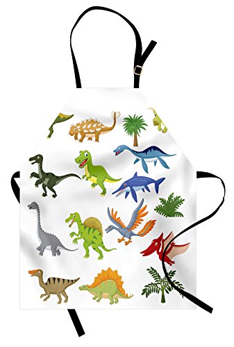 Lunarable Dinosaur Apron, Cartoon Dino Images Other Elements from Jurassic Fauna Creatures, Unisex Kitchen Bib with Adjustable Neck for Cooking Gardening, Adult Size, Green White