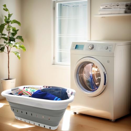 Image of SAMMART 41L (10.8 gallon) Set of 2 Collapsible 3 Handled Plastic Laundry Basket-Foldable Pop Up Storage Container /Organizer-Space Saving Hamper /Basket (2, White /Grey)
