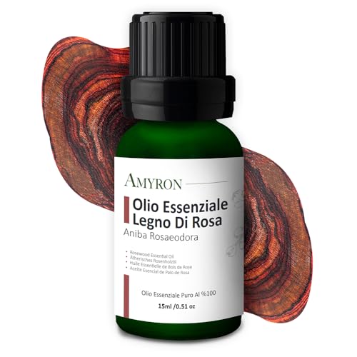 Olio Essenziale Legno Di Rosa 15ml AMYRON | Rosewood | Naturale E Puro Al 100% Ideale Per Aromaterapia E Uso Terapeutico | Diffusore Oli Essenziali | Massaggi aromatici | Uso Alimentare | Senz OGM.