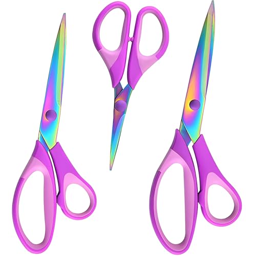 Houbobo Scissors All Purpose 3 PackPremium Titanium-Coated Stainless Steel Blade Shears Professional Ergonomic Comfort Grip for Office School Home Fabric Sewing DIY Craft Cutting General Use Purple