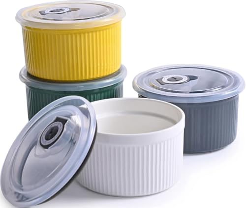 Ramequines de cerámica de 14 onzas con tapas, aptos para horno de crema brulee con cubiertas, platos pequeños para hornear, juego de ramequines de porcelana para soufflé, postre de salsa, juego de 4