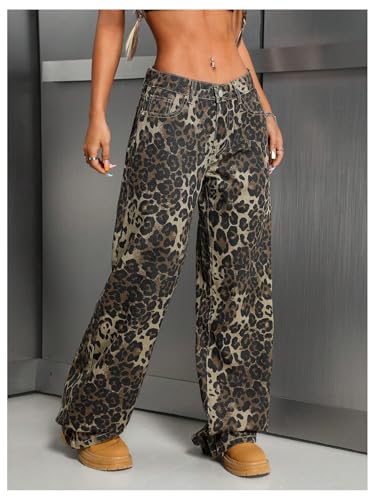 Verdusa Women's Y2k Leopard Jeans Hip Hop Streetwear Wide Straight Leg Denim Pants with Pockets3