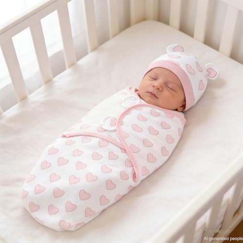 Image of Baby Swaddle Sleep Sack with Hat Set for 0-3 months 3-Pack Soft Cotton Newborn Wearable Swaddle Wrap for Girls Boys (Flower & Heart & Rainbow)