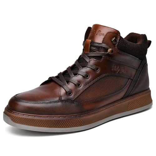 Image of Men's Brown Leather Sneaker Boots Casual Oxford Boot Comfy Shoes for Men Mid-Top Lace Up Fashion Shoe 9