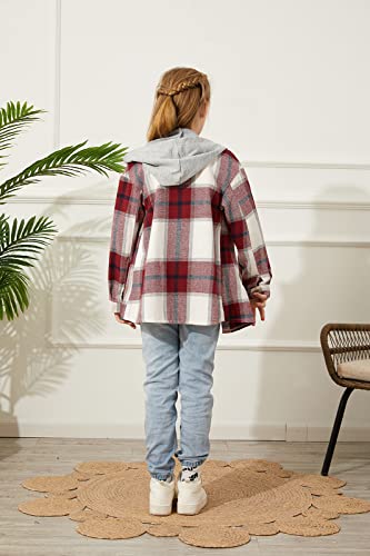 Image of Girls Cute Flannel Plaid Button Down Top with Pockets Long Sleeve Hooded Jacket