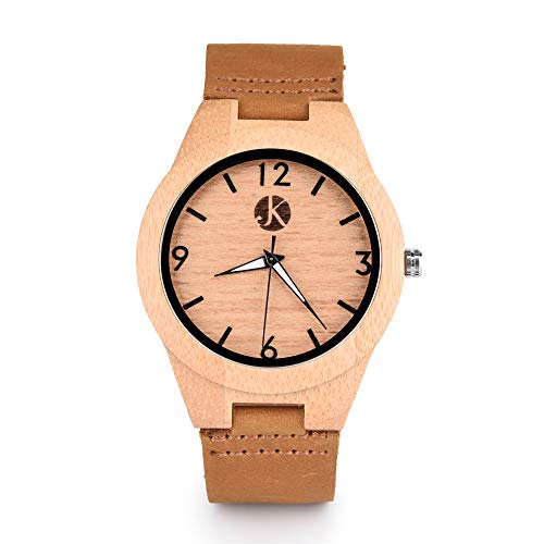 Kim Johanson Montre à quartz analogique pour femme en bambou avec bracelet en cuir véritable Marron