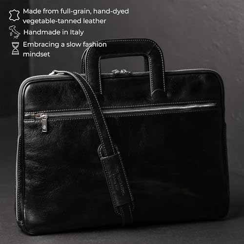 Image of Time Resistance Slim Leather Briefcase - Italian Handmade Leather Computer Bag - Briefcase for Men and Women - Laptop Bag