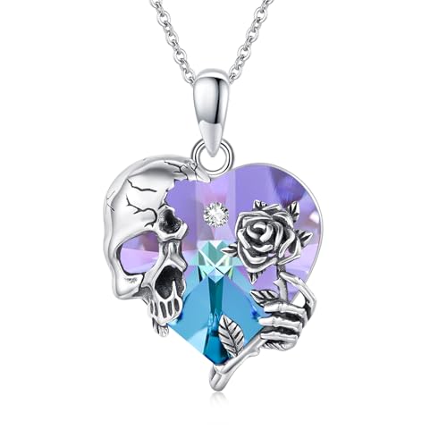 Image of S925 Sterling Silver Skull Pendant Necklace Heart Crystal Birthstone Skull Necklace Gothic Jewlery Gifts