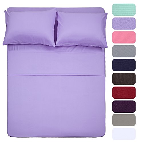 Image of 4 Piece Bed Sheet Set (Queen,Lavender) 1 Flat Sheet,1 Fitted Sheet and 2 Pillow Cases,Brushed Microfiber Luxury Bedding with Deep Pockets