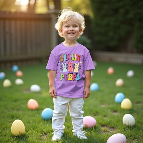 MODNTOGA Toddler Girl Easter Outfit Bunny Graphic T-Shirt Chillin' with My Peeps Letter Print Shirt Short Sleeve Tee Tops3