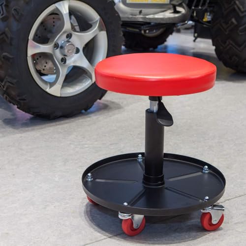 Image of Big RED Creeper Garage /Shop Seat: Heavy Duty Rolling Pneumatic Padded Adjustable Mechanic Stool with Tool Tray Storage, Red Large