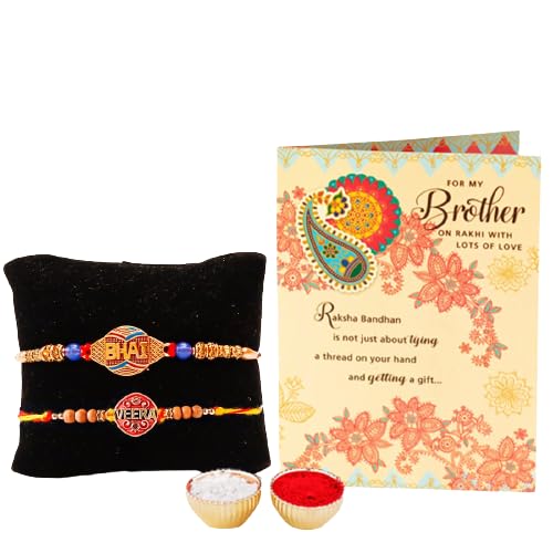 Image of ARCHIES Rakhi for Brother Rakshabandhan Combo of 2 Quirky Veera Rakhis With 1 Roli & Chawal Set-10gm & Greeting Card (Pack of 4) for Bhaiya|Bro|Bhai