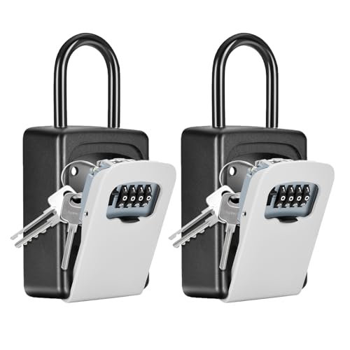 Portable Key Lock Box, Upgrade Clearly Visible Numbers, Lock Box Wall Mounted for House Key, 5 Key Capacity, Weatherproof Resettable Code (2 Pack, Gray)