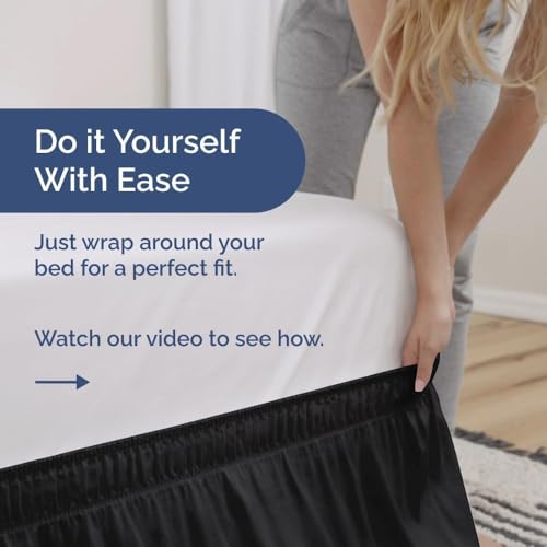 Image of Bed Skirt - Wrap Around Dust Ruffle Bed Frame Cover with Easy Fit Elastic Strap, Double Size 12 Inch Inch Drop, Microfiber Pleated, Machine Washable | Black, (72inchx72inch)