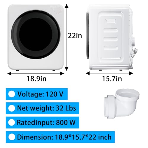 1.6 Cu.ft Front Load Drying Machine, 5 Mod/800W Electric Clothing Dryer, Wall Mounted/Freestanding Mini Dryer, Compact Design with Stainless Steel Tub & Control Knob for Apartments, Home, Dorm, White