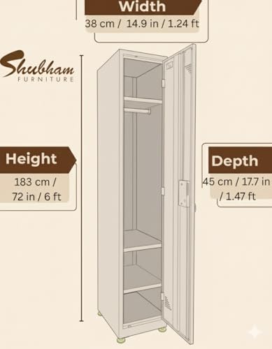Image of Shubham Furnitures Single Door Steel Locker Cabinet with 4 Shelves & Hanging Rod | Heavy Duty Lockable Storage Cupboard for Office Gym Factory School | Powder Coated 1 Door Metal Locker Brown