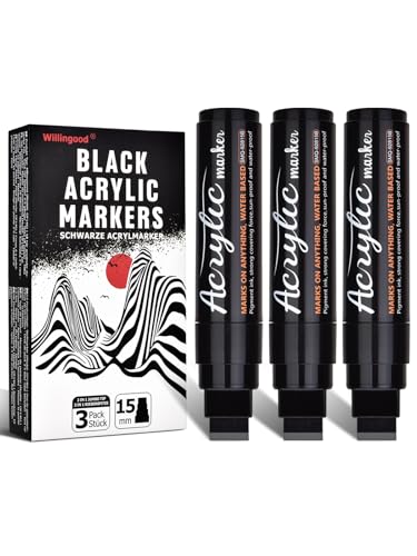 Willingood Juego de 3 rotuladores acrílicos negros, Jumbo, punta de fieltro de 15 mm, secado rápido, resistente al agua, marcador permanente umbo para piedras, cerámica, vidrio, madera, neumáticos