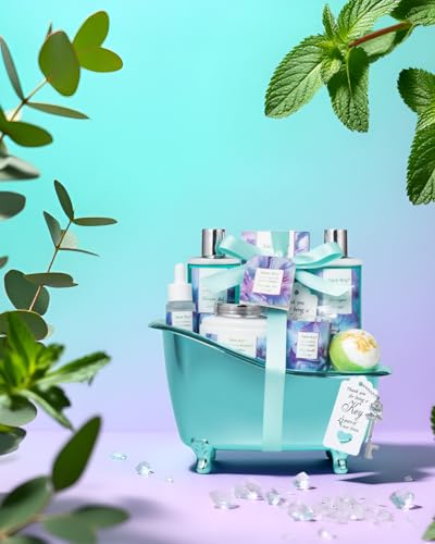 Image of Bath and Body Basket Set EUCALYPTUS & Mint Spa Gift Basket for Women, Unique Bath Gift Baskets Gifts, Home Spa Kit Christmas Gifts for Women, birthday gift baskets for Dad Mother's Day
