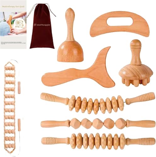 8-teiliges Holz Massage Set Maderotherapie Massager für Lymphdrainage Körperformung & Anti-Cellulite Muskelentspannung und Schmerzlinderung