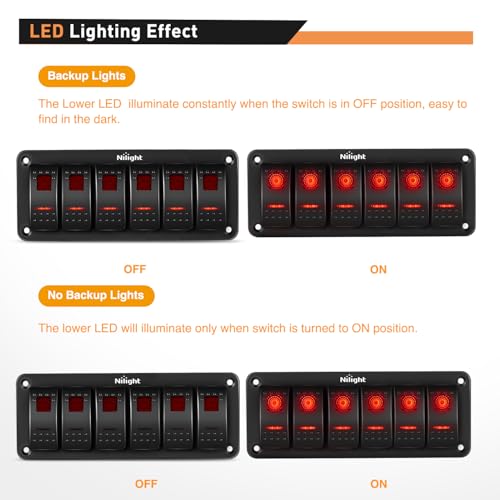 Image of Nilight 6 Gang Rocker Switch Panel SPST On Off Toggle with DIY Label Sticker | 5PIN Electrical 12V /20A 24V /10A Aluminum Plate with Pre-Wired Jumper Wires for LED Light Bar RV Boats 4X4 Cars Red
