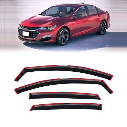 Image of in-Channel Rain Guards Window Visor for 2016-2025 Chevrolet (Chevy) Malibu | Shields Vent Deflector Shade Wind Dark Smoke 2017 2018 2019 2020 2021 2022 2023 2024, Tape-On Outside-Mount, 4PCS
