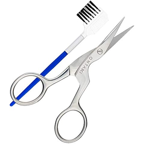 ONTAKI Eyebrow Scissors, Brush & Comb Kit Sharp Front Tip with Classic Crane Design for Precision Trimming of Brows, Eyelashes, Embroidery, Needlework, and Crafting - Stainless Steel (Silver) Cover