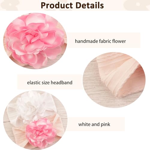 2PCS Baby Girls Flower Headbands Soft Nylon Hairbands Handmade Hair Accessories For Kids Toddlers Infants Newborn Child(white and pink, elastic)2
