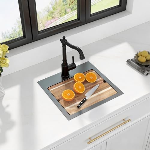 Image of Kichae Black Drop In Bar Sink- 15x15 Small Overmount Topmount Stainless Steel Single Bowl Ledge Workstation Bar Prep Handmade Basin
