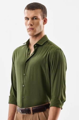 Image of SNITCH Men Casual Shirt | Regular Fit Full Sleeve Spread Collar Solid Design | Premium Polyester Viscose Blend & Lightweight Fabric for Office & Outings