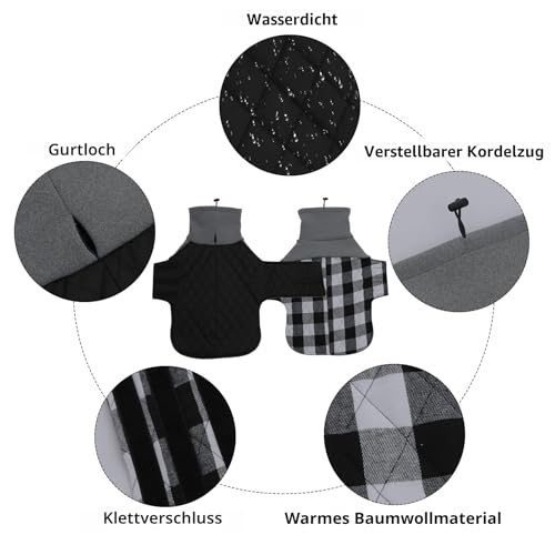 Geyecete Hundemantel Dackel, Dackel Wintermantel, Warmer Quilten Dackelmantel mit Geschirr Loch,Winddicht Rollkragen Hundejacken für kleine Hunde-Schwarz-S