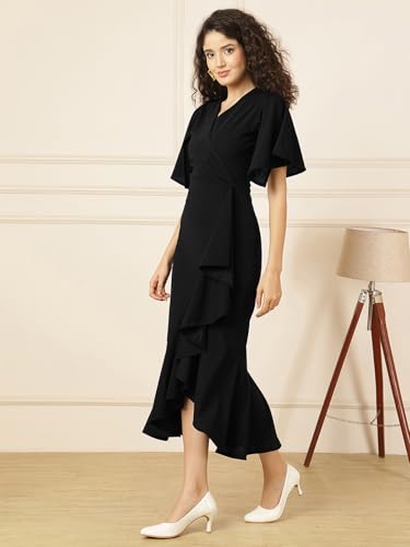 Image of Selvia Wine Flutter Sleeve Bodycon Midi Dress for Women, V-Neck Ruffle Hem Outfit