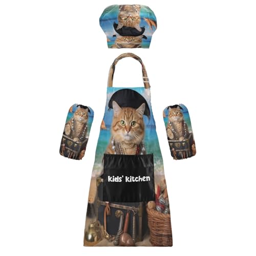 Bulletgxll Cartoon Cat Kids Apron and Chef Hat Set Adjustable Bib Aprons with Pockets for Cooking Baking Painting