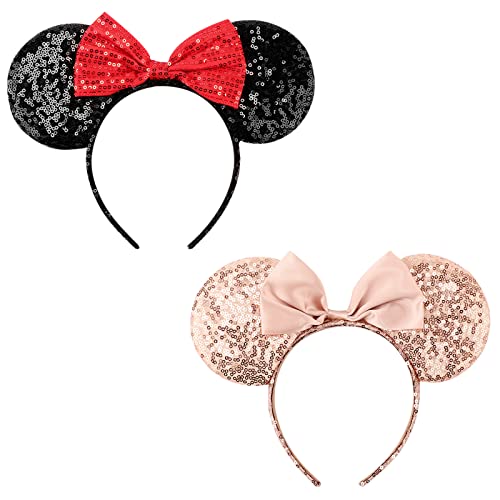 DRESHOW Orejas de ratón Diademas con lazo Decoración de fiesta con purpurina Disfraz de cosplay para niñas y mujeres Cover