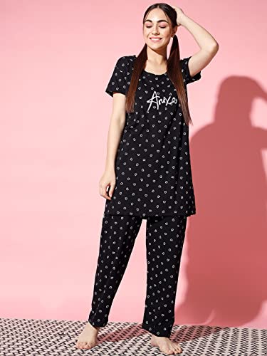 Image of Printed Round Neck Short Sleeve Nightsuit Set | Casual Night Dress for Women
