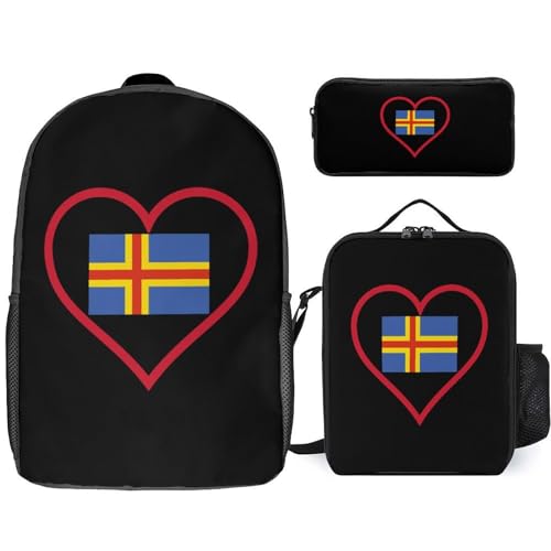 I Love Aland Island Red Heart Classic Backpack Lunch Bag Pencil Case 3 Piece Set Travel Daypack