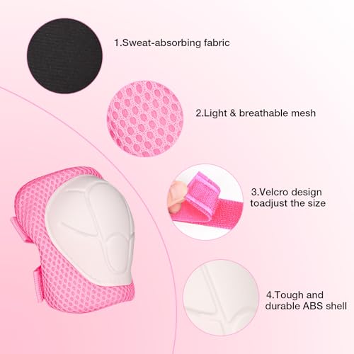 Kids Protective Gear Set - Knee Pads Elbow Pads with Wrist Guards for Ages 3-12 | 3-in-1 Safety Protective Gear for Skating, Cycling, Biking, Roller Skates, Scooters (Pink, S(3-7Years))