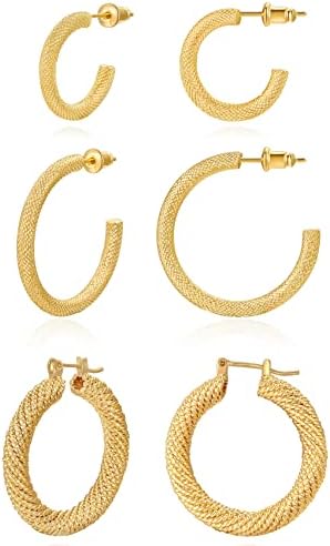 3 Pair 14K Gold Plated Lightweight Chunky Gold Hoop Earrings for Women,Small Gold Hoop Earrings,14k Gold Hoop Earrings,Gold Huggie Earrings,Gold Plated Hoop Earrings