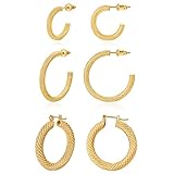 3 Pair 14K Gold Plated Lightweight Chunky Gold Hoop Earrings for Women,Small Gold Hoop Earrings,14k